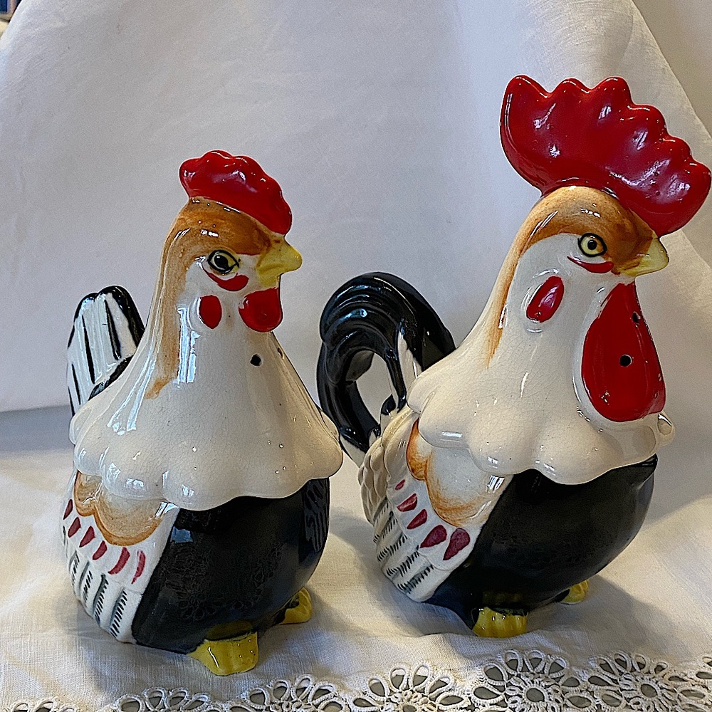Vintage Napco Japanese Rooster, Hen Salt & Pepper, Cream & Sugar Set